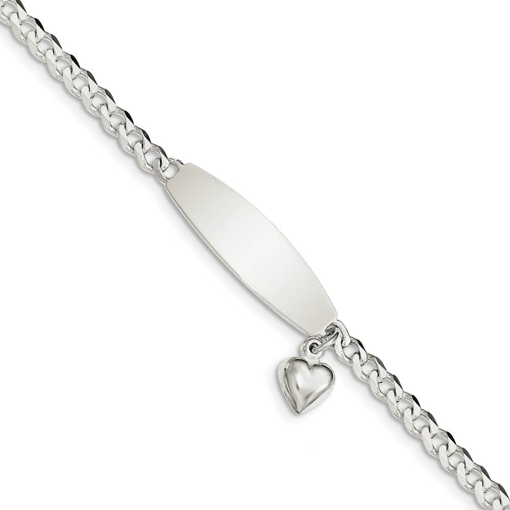 9mm Sterling Silver Heart Charm Curb Link I.D. Bracelet