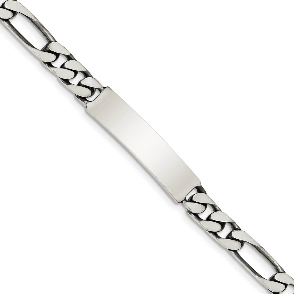 Mens 8mm Antiqued Sterling Silver Engravable Figaro Link I.D. Bracelet