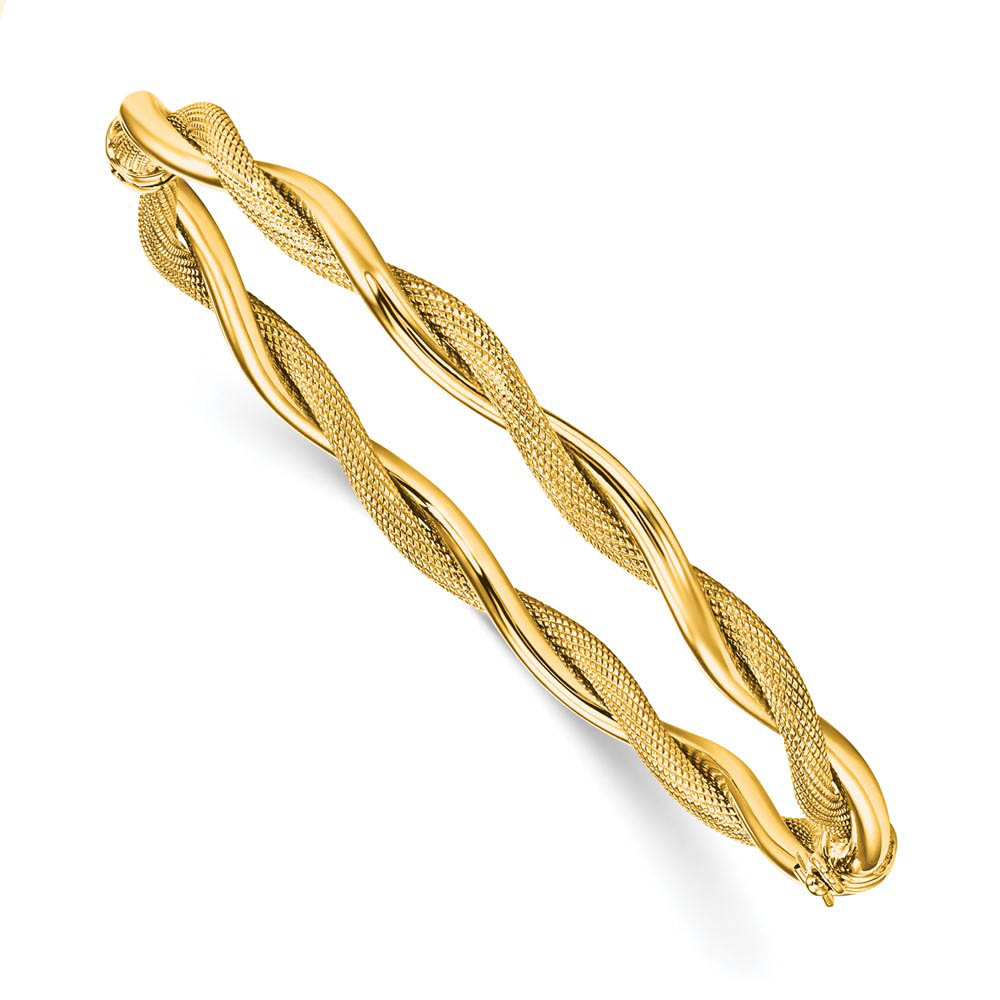 5mm 14k Yellow Gold Polished & Textured Twist Hinged Bangle Bracelet
