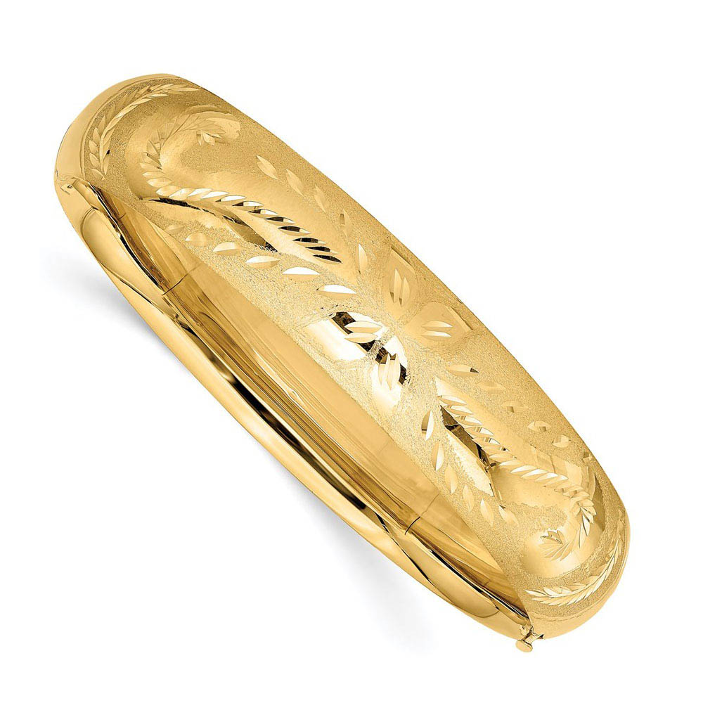 14.5mm 14k Yellow Gold Florentine Engraved Hinged Bangle Bracelet