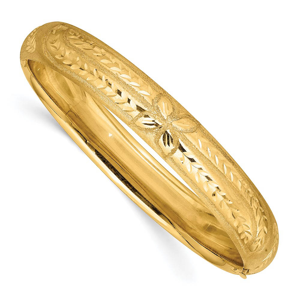 11mm 14k Yellow Gold Florentine Engraved Hinged Bangle Bracelet