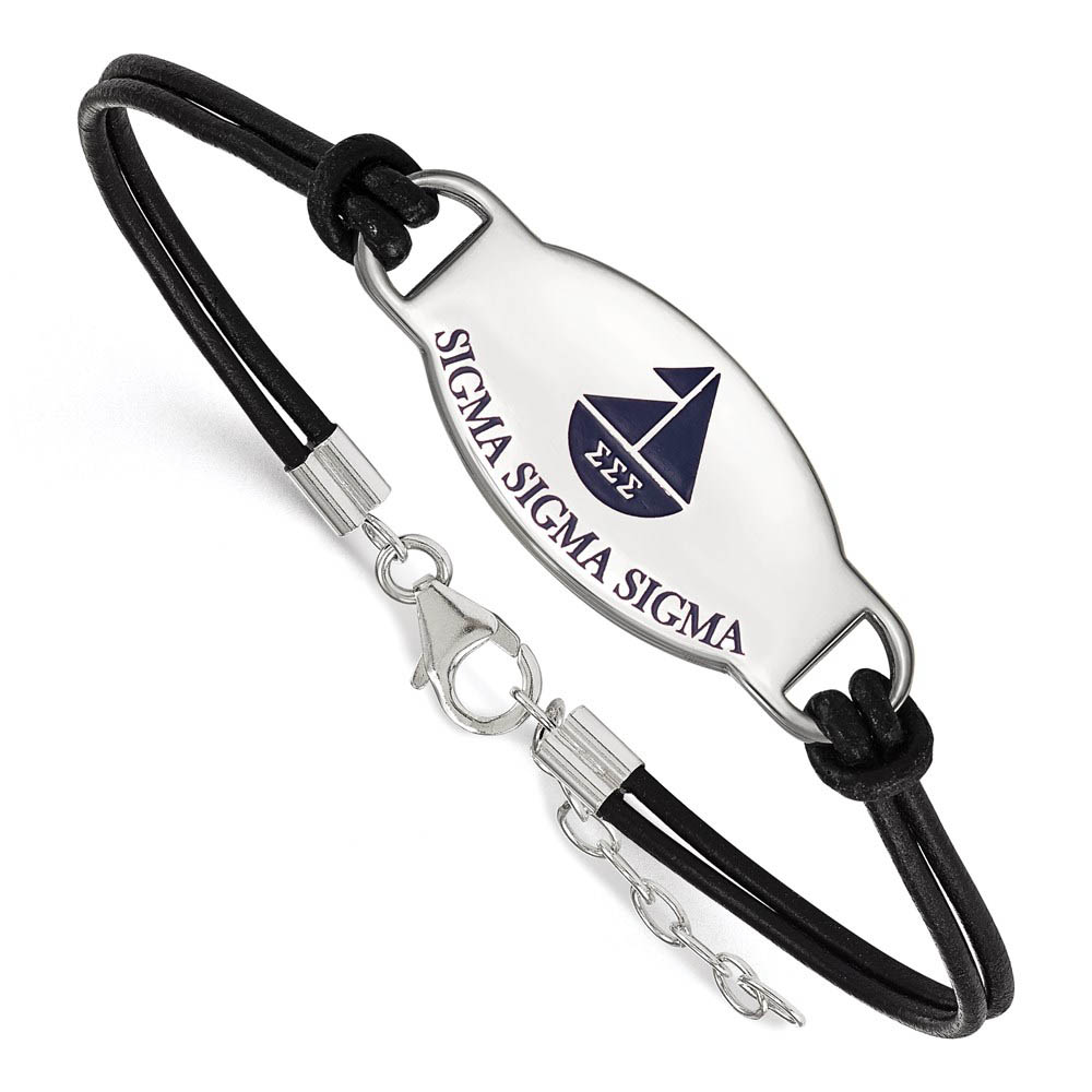 Sterling Silver Sigma Sigma Sigma Enamel Blk Leather Bracelet - in
