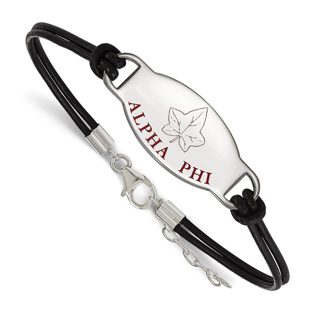 Sterling Silver Alpha Phi Enamel Black Leather Bracelet - in