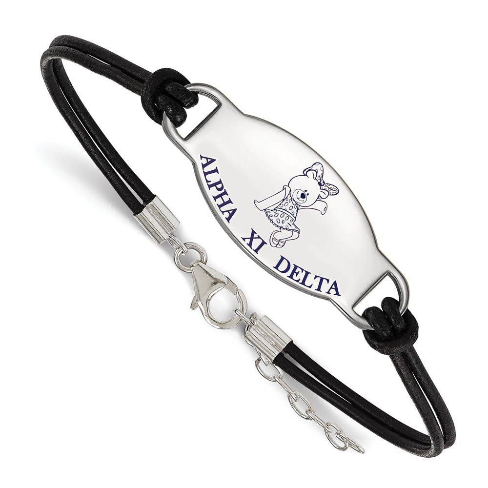 Sterling Silver Alpha Xi Delta Enamel Black Leather Bracelet - in