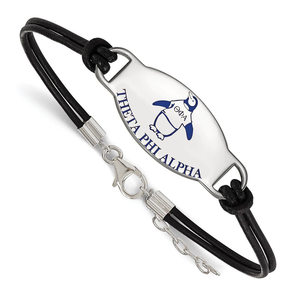 Sterling Silver Theta Phi Alpha Enamel Black Leather Bracelet - in