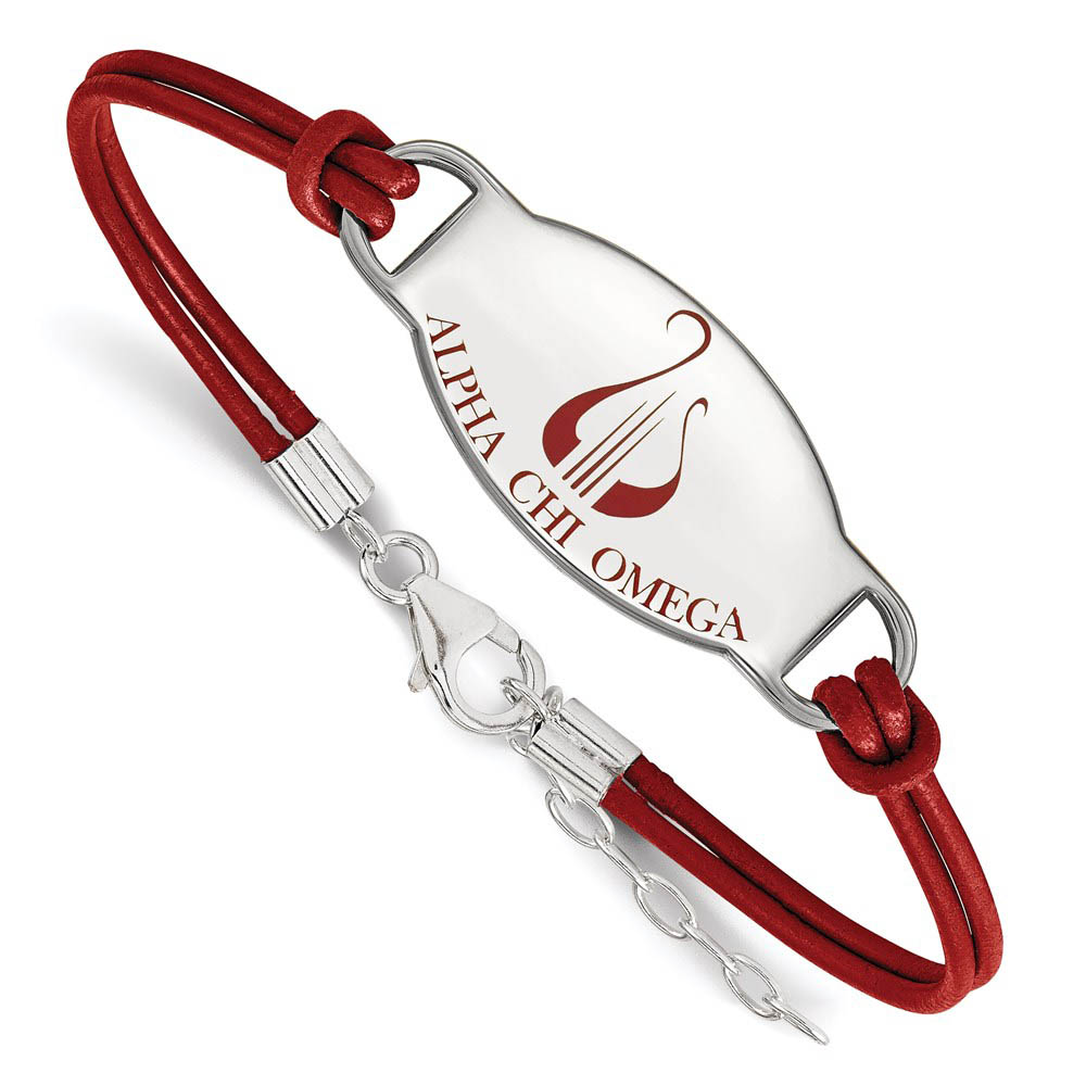 Sterling Silver Alpha Chi Omega Enamel Red Leather Bracelet - in