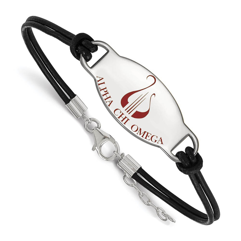 Sterling Silver Alpha Chi Omega Enamel Black Leather Bracelet - in