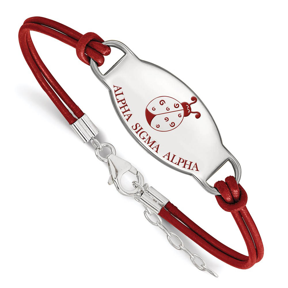 Sterling Silver Alpha Sigma Alpha Enamel Red Leather Bracelet - in