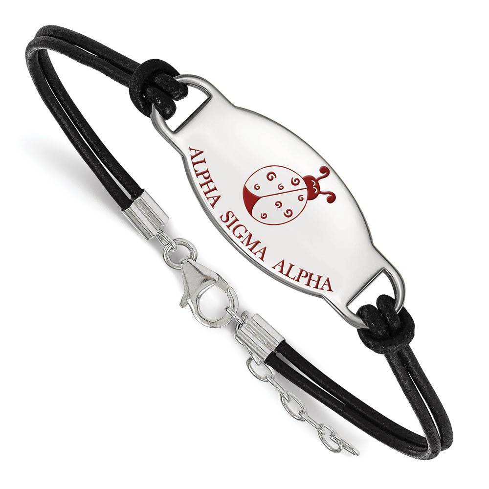 Sterling Silver Alpha Sigma Alpha Enamel Blk Leather Bracelet - in