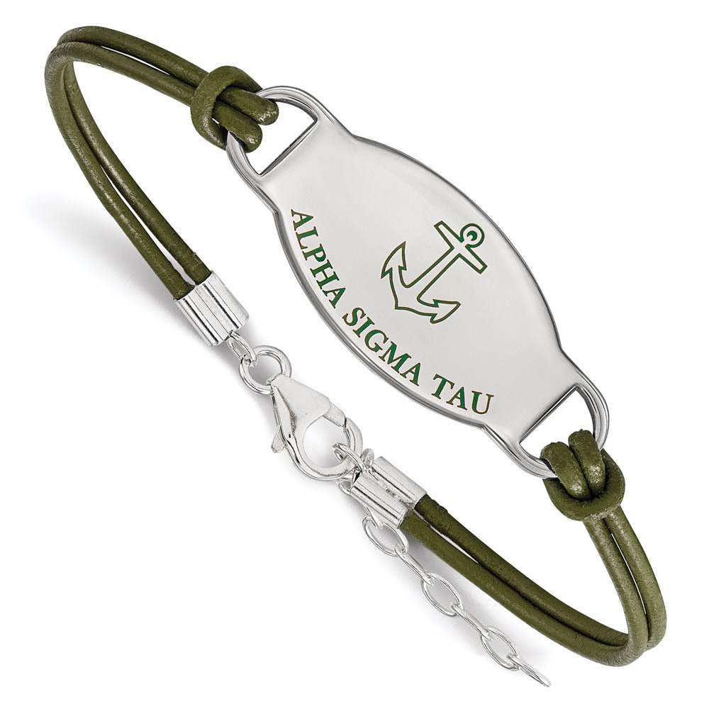 Sterling Silver Alpha Sigma Tau Enamel Olive Leather Bracelet - in