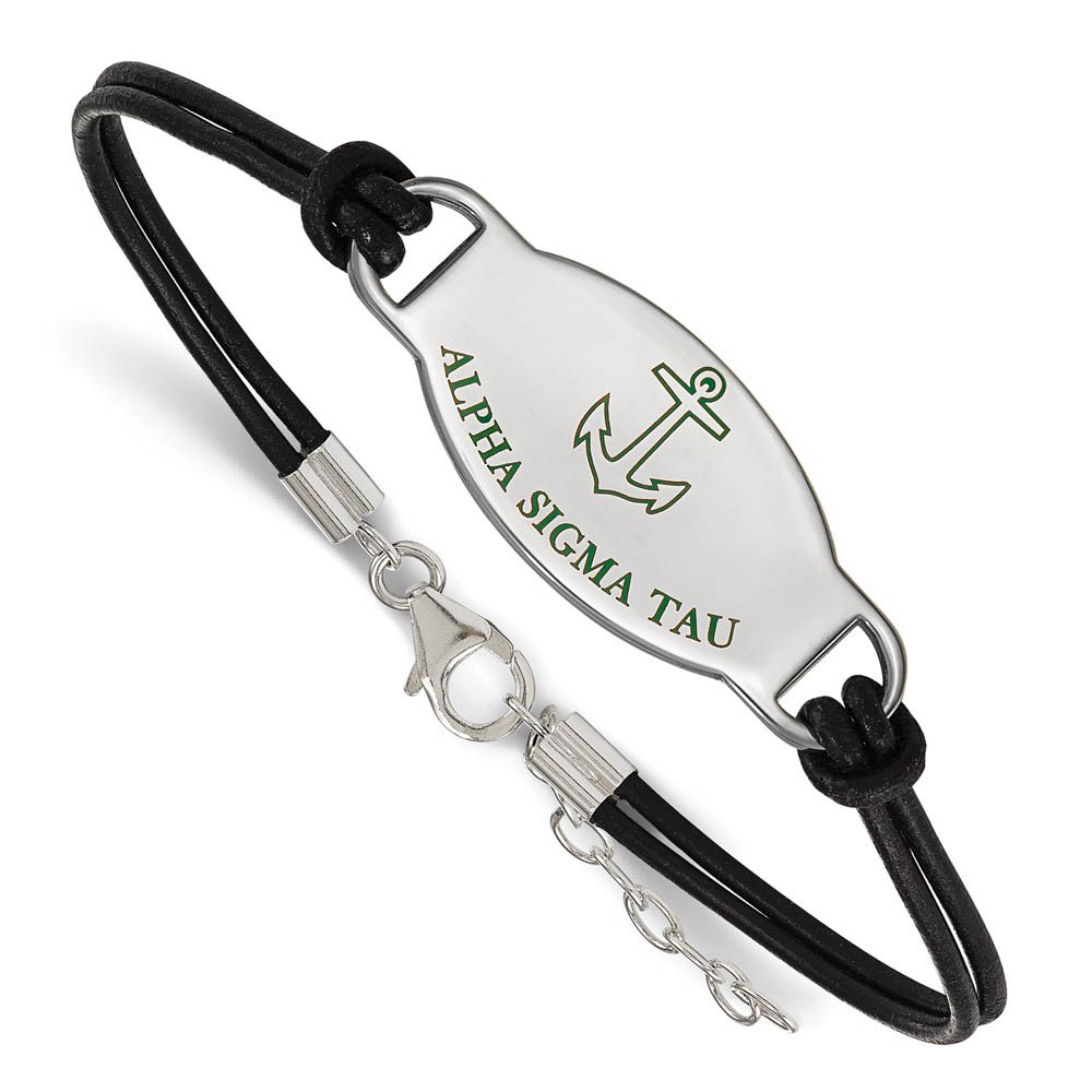 Sterling Silver Alpha Sigma Tau Enamel Blk Leather Bracelet - in