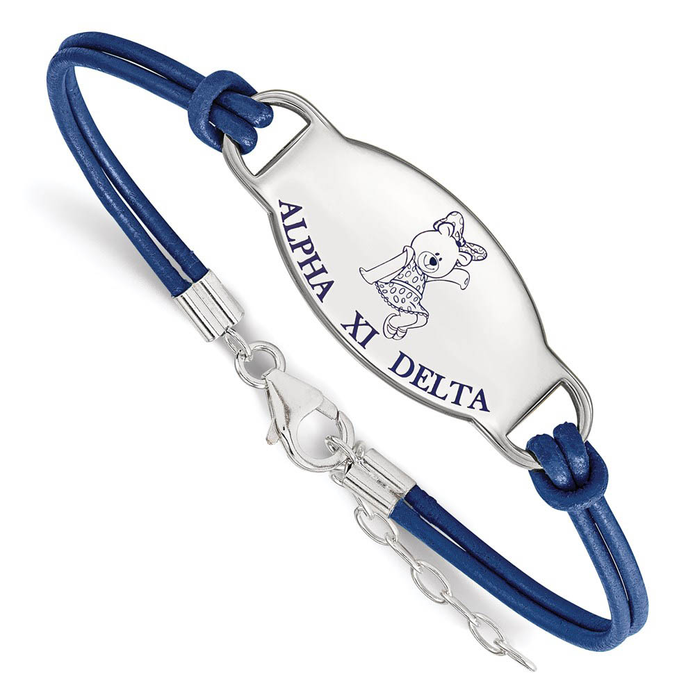 Sterling Silver Alpha Xi Delta Enamel Blue Leather Bracelet - in