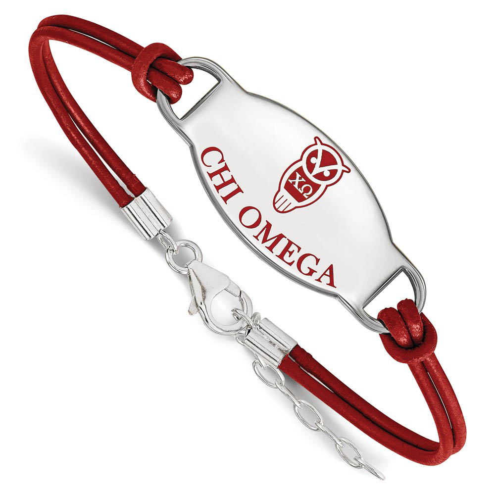 Sterling Silver Chi Omega Enamel Red Leather Bracelet - in