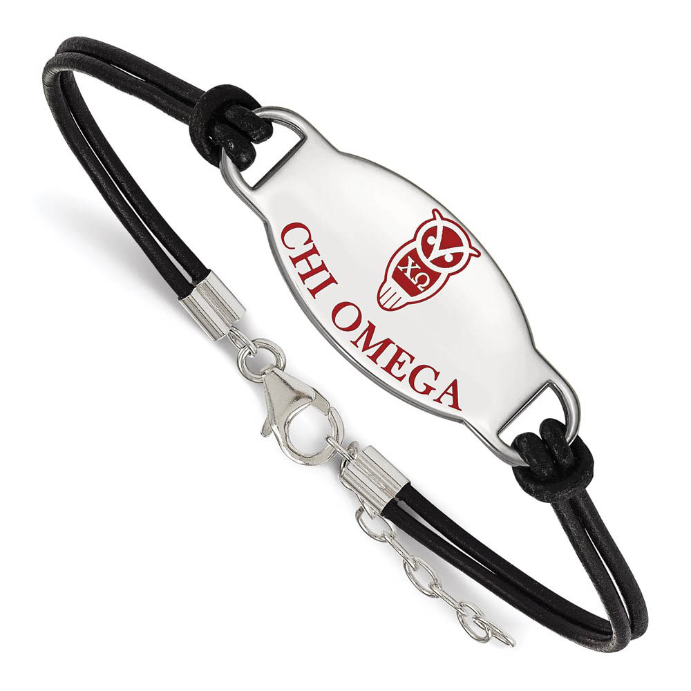 Sterling Silver Chi Omega Enamel Black Leather Bracelet - in