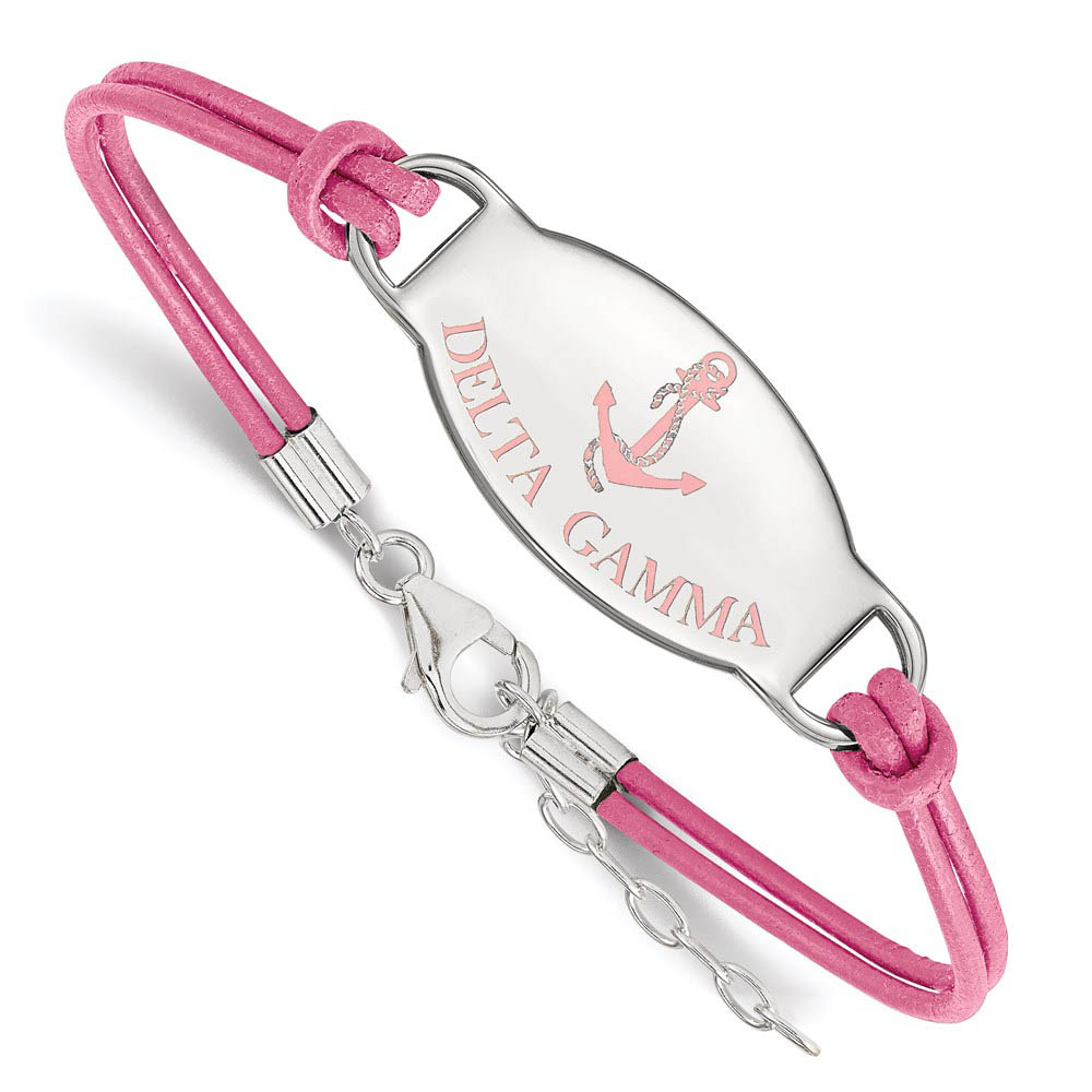 Sterling Silver Delta Gamma Enamel Pink Leather Bracelet - in