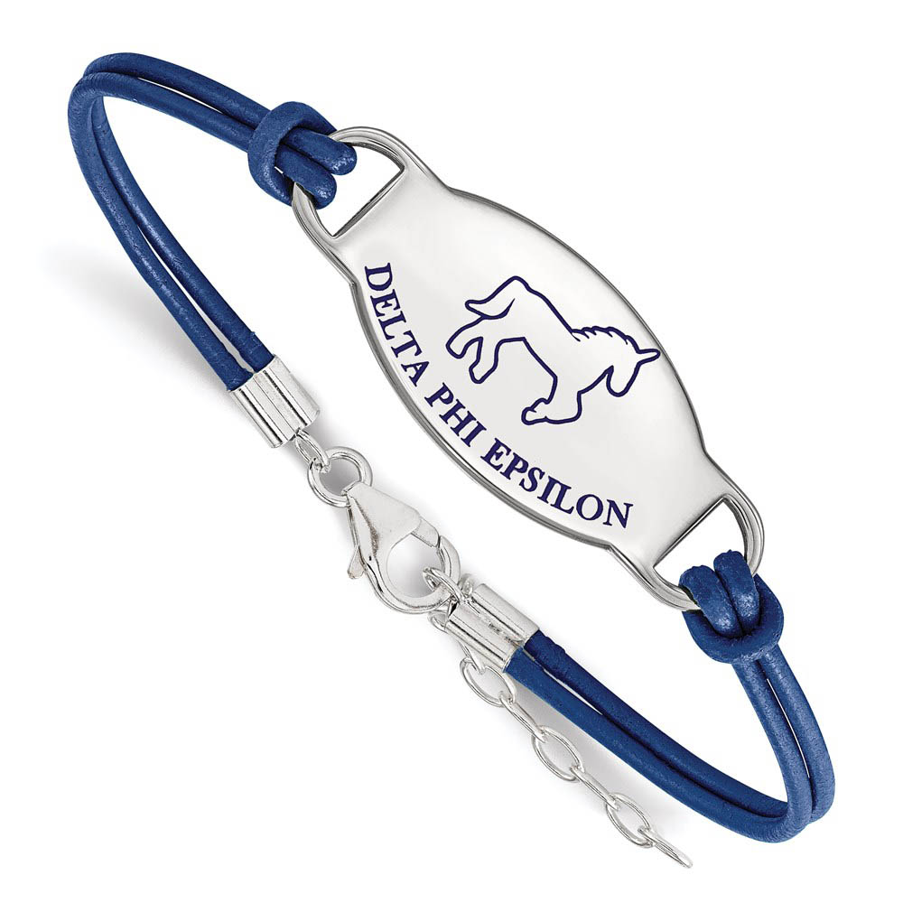Sterling Silver Delta Phi Epsilon Enamel Blue Leather Bracelet - in