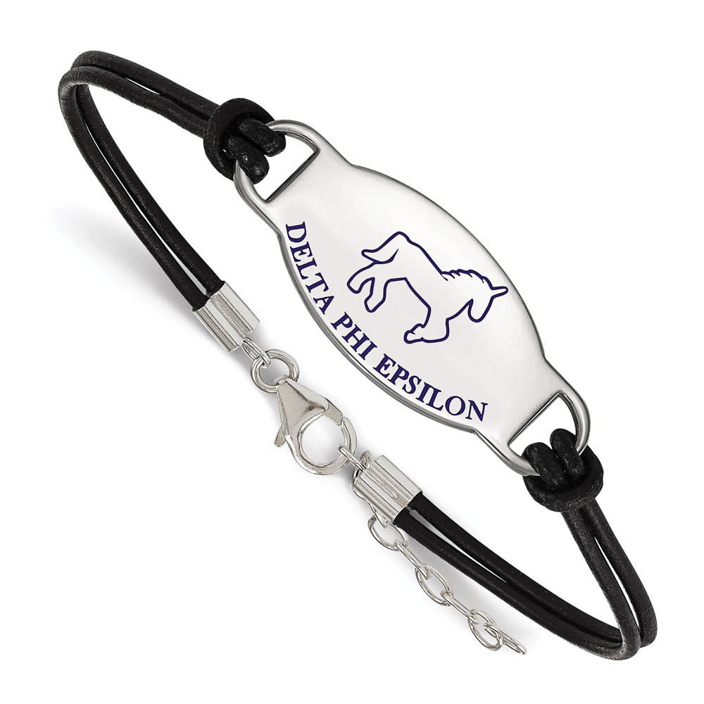Sterling Silver Delta Phi Epsilon Enamel Blk Leather Bracelet - in