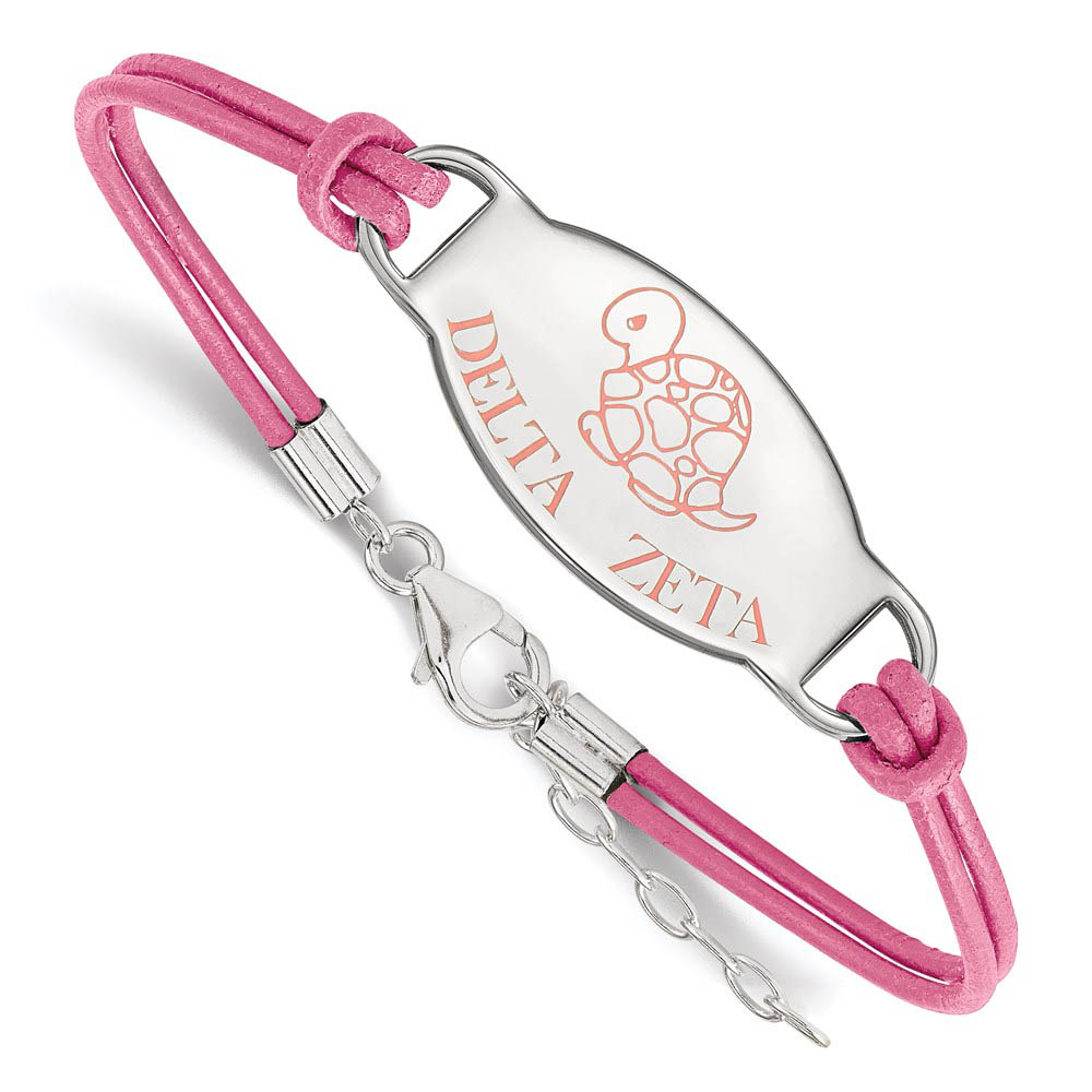 Sterling Silver Delta Zeta Enamel Pink Leather Bracelet - in