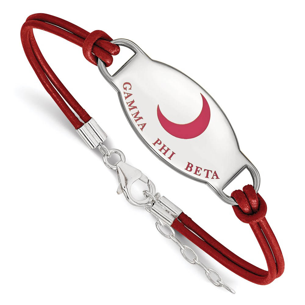 Sterling Silver Gamma Phi Beta Enamel Red Leather Bracelet - in