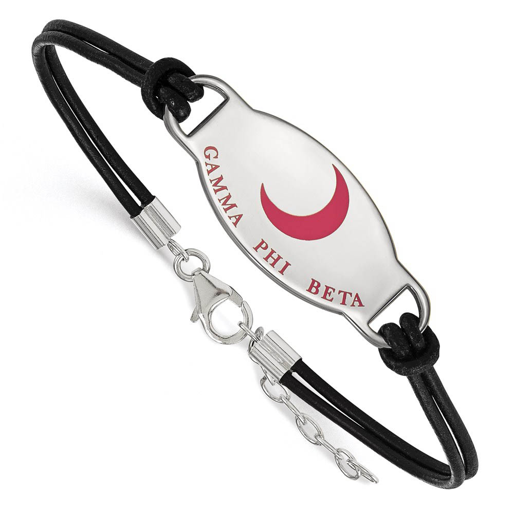 Sterling Silver Gamma Phi Beta Enamel Black Leather Bracelet - in