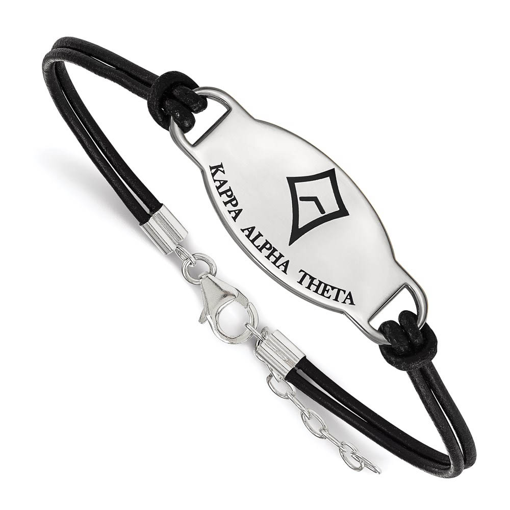 Sterling Silver Kappa Alpha Theta Enamel Blk Leather Bracelet - in