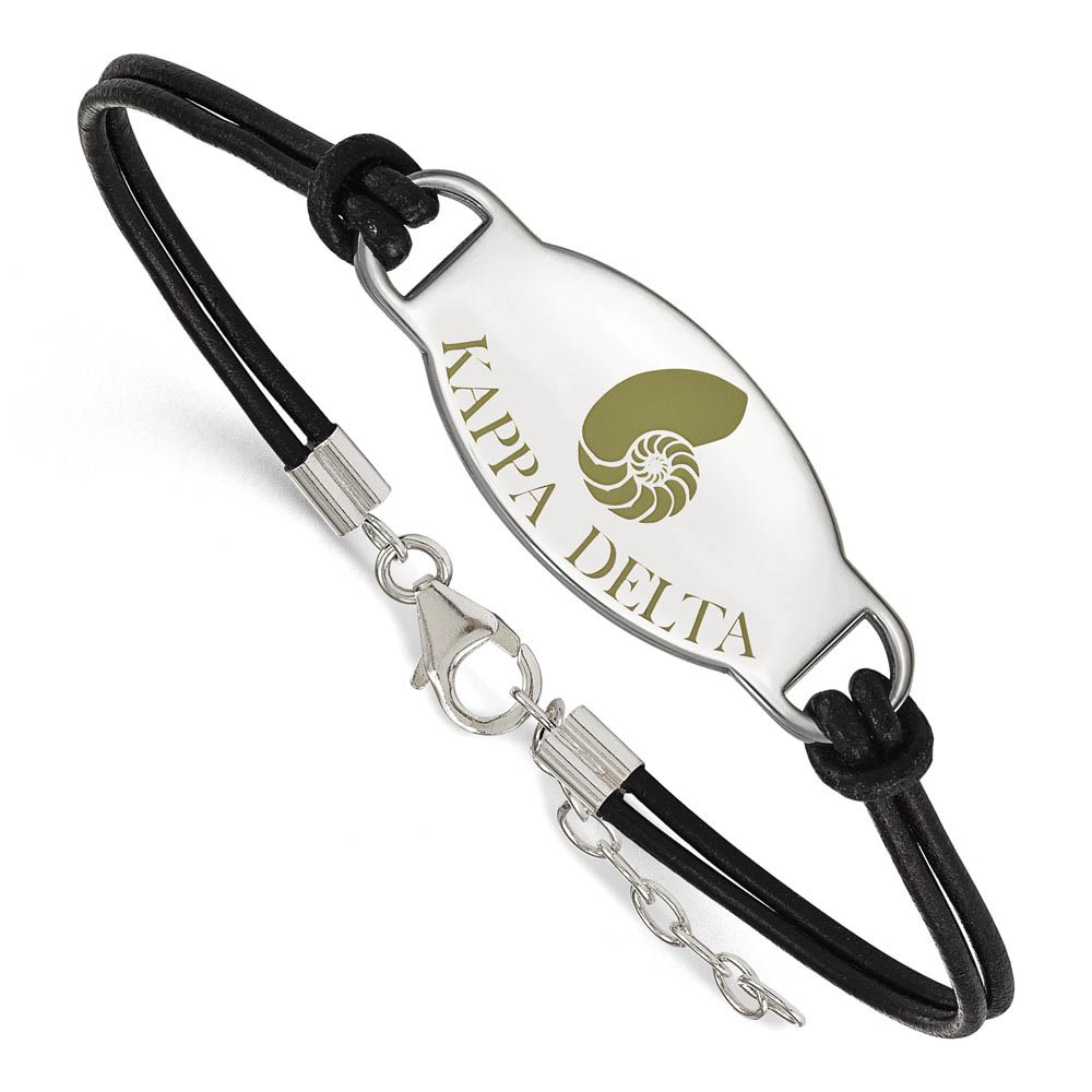 Sterling Silver Kappa Delta Enamel Black Leather Bracelet - in