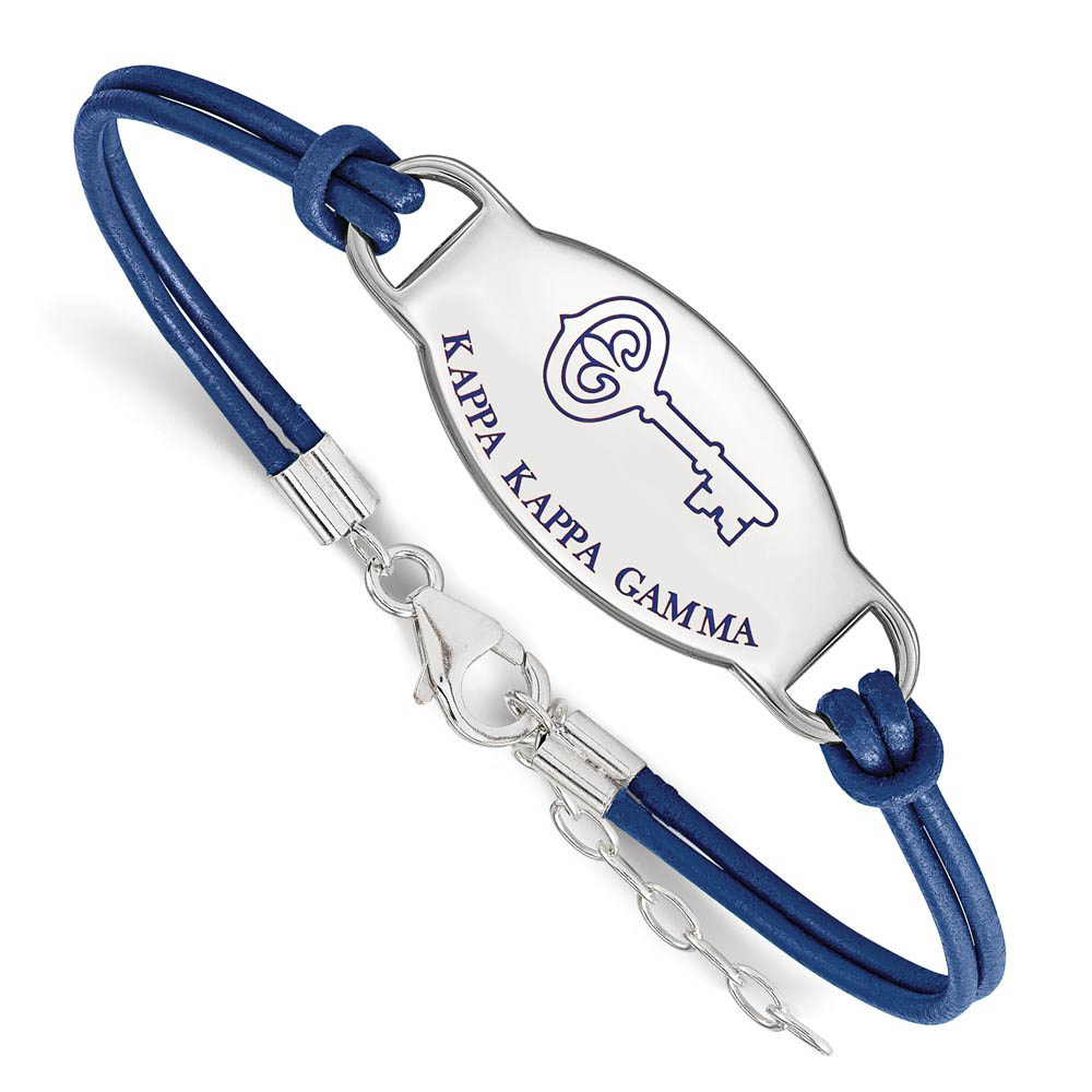 Sterling Silver Kappa Kappa Gamma Enamel Blue Leather Bracelet - in