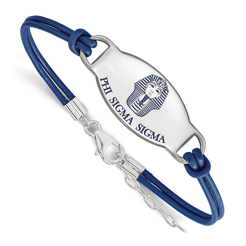 Sterling Silver Phi Sigma Sigma Enamel Blue Leather Bracelet - in