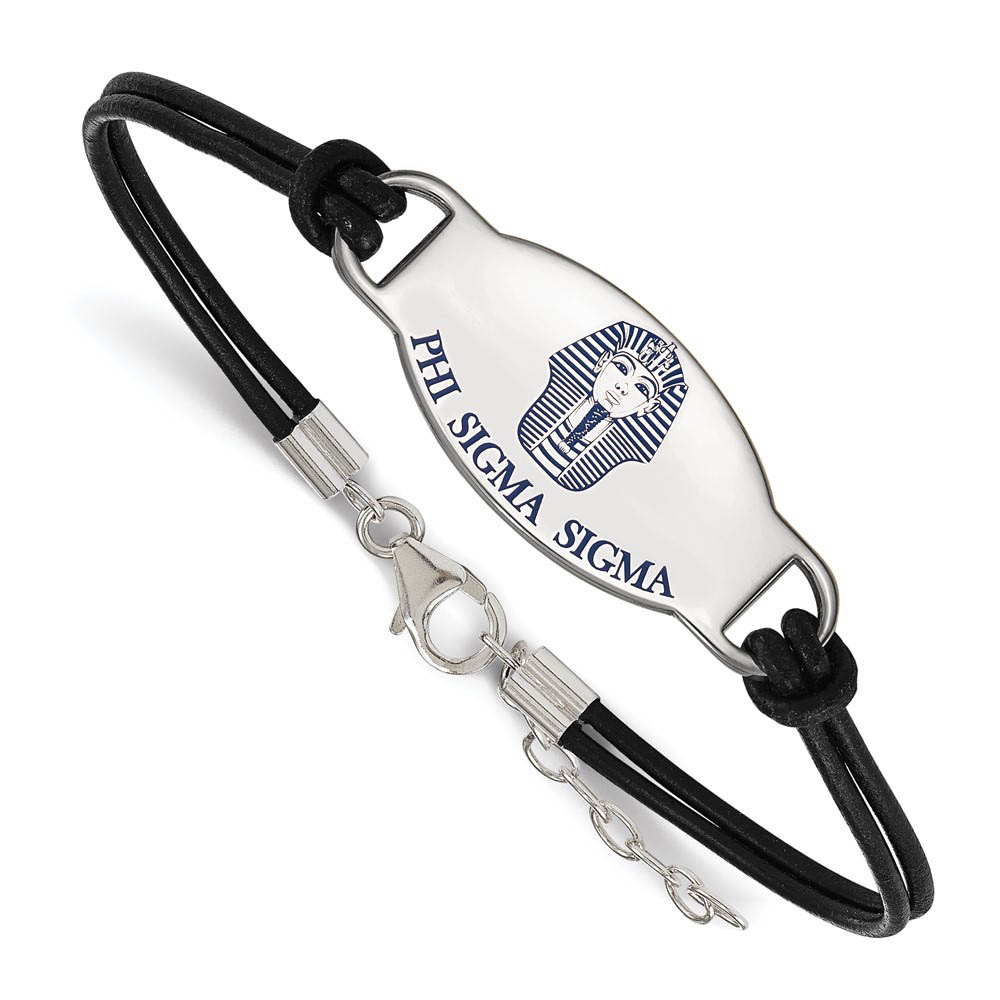 Sterling Silver Phi Sigma Sigma Enamel Black Leather Bracelet - in
