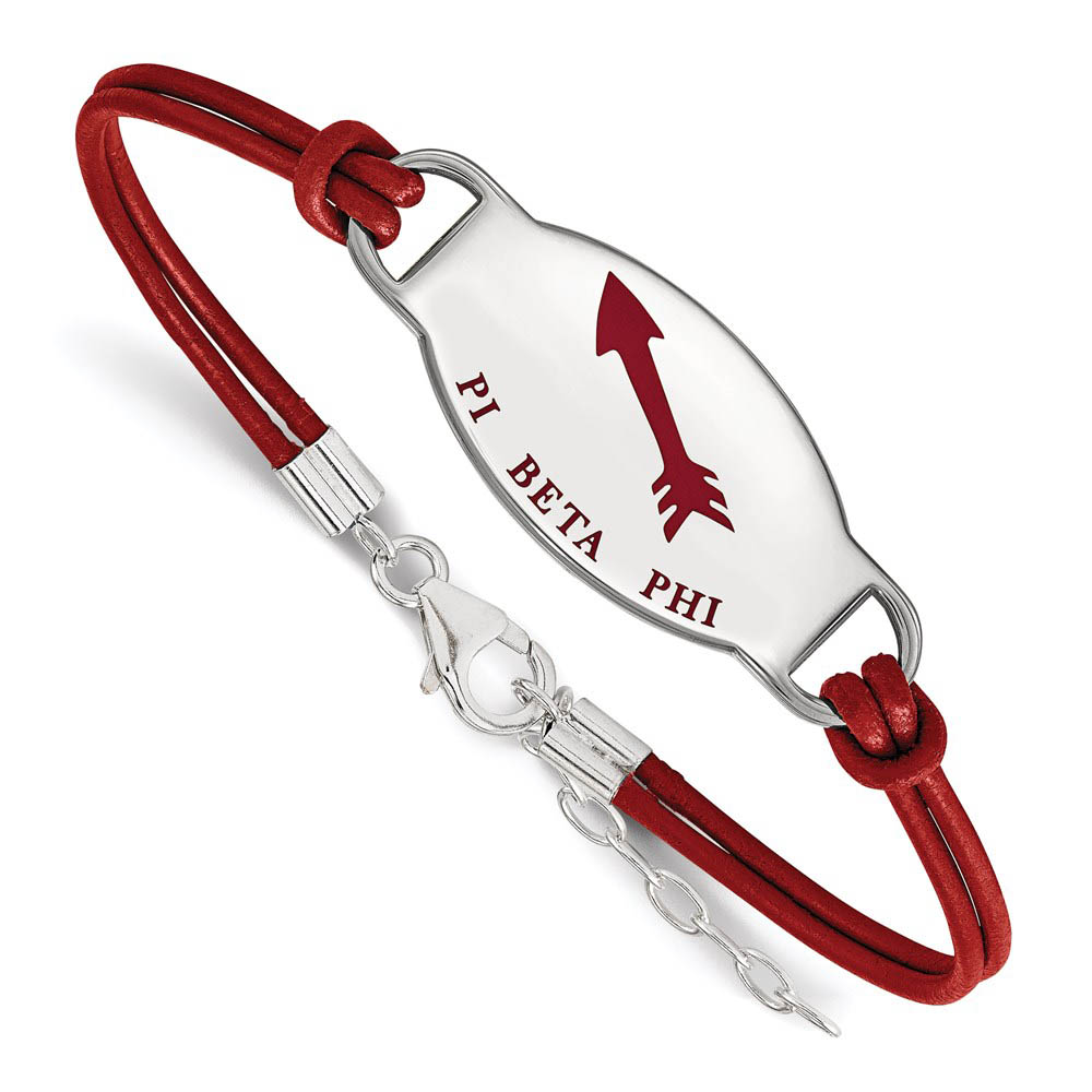 Sterling Silver Pi Beta Phi Enamel Red Leather Bracelet - in