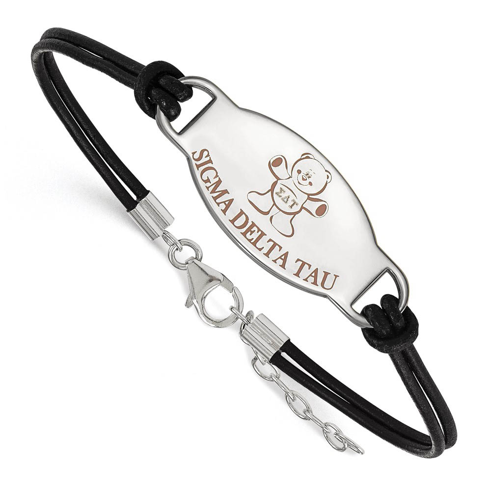 Sterling Silver Sigma Delta Tau Enamel Black Leather Bracelet - in
