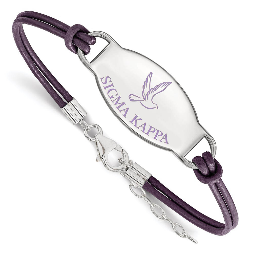 Sterling Silver Sigma Kappa Enamel Purple Leather Bracelet - in