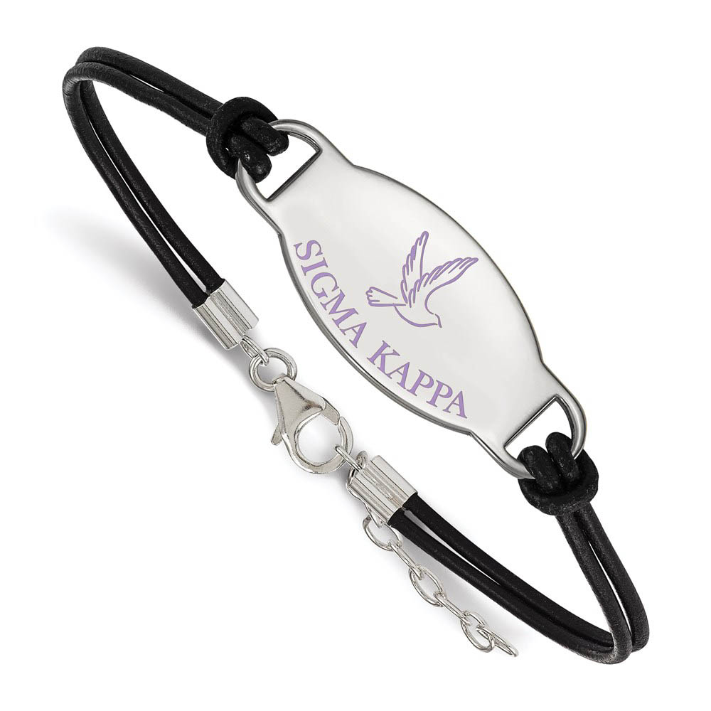 Sterling Silver Sigma Kappa Enamel Black Leather Bracelet - in