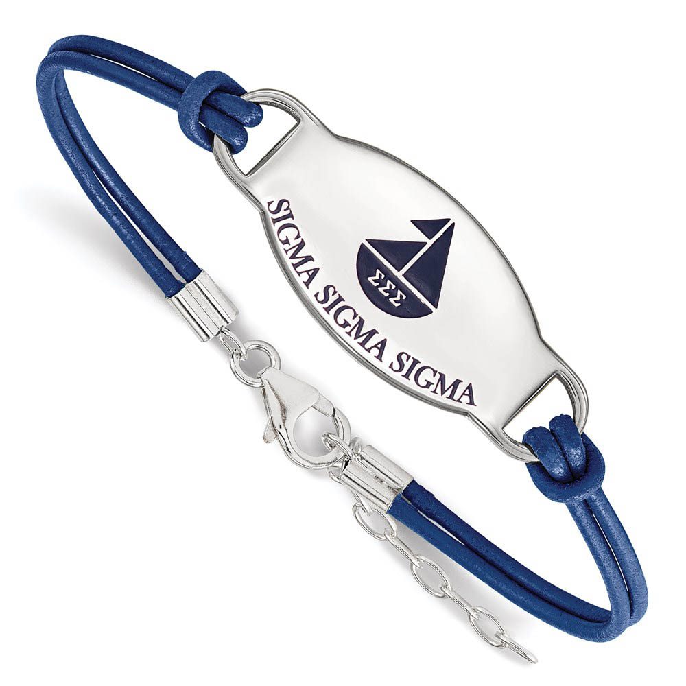 Sterling Silver Sigma Sigma Sigma Enamel Blue Leather Bracelet - in