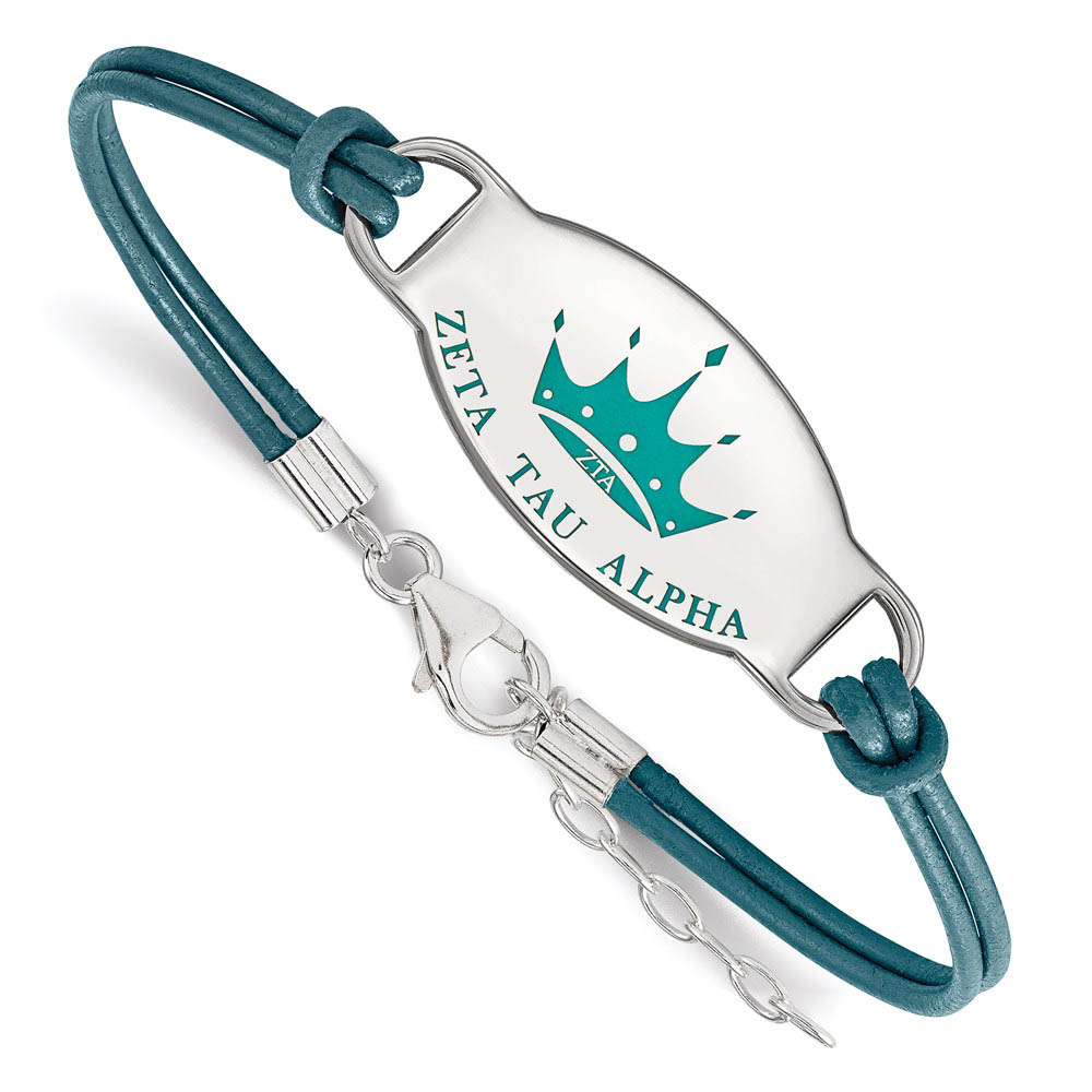 Sterling Silver Zeta Tau Alpha Enamel Teal Leather Bracelet - in