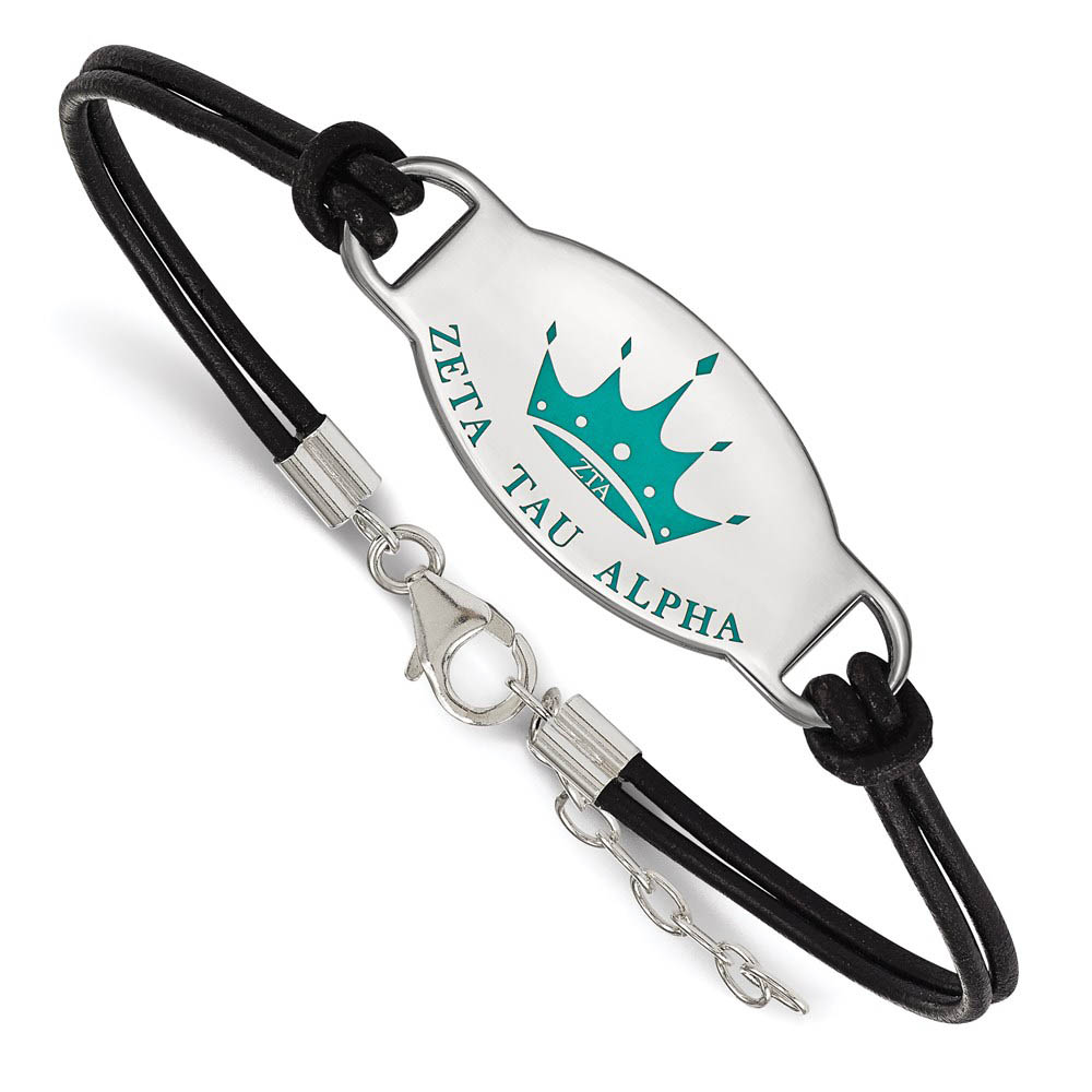 Sterling Silver Zeta Tau Alpha Enamel Black Leather Bracelet - in