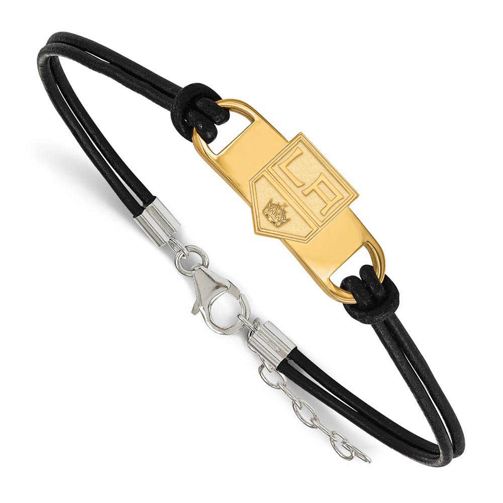 SS 14k Yellow Gold Plated & Leather NHL Los Angeles Kings Adj Bracelet
