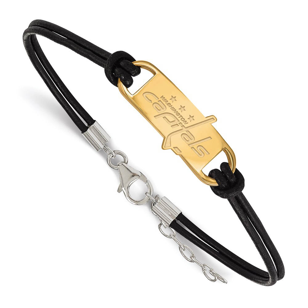 SS 14k Yellow Gold Plated & Leather NHL Capitals Adjustable Bracelet
