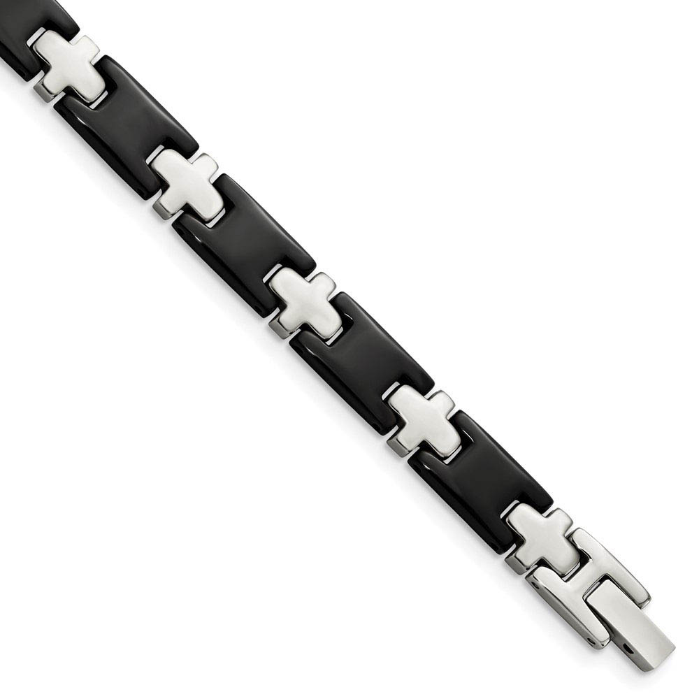 Men&#039;s Stainless Steel and Black Plated Cross Link Bracelet, 8.25 Inch