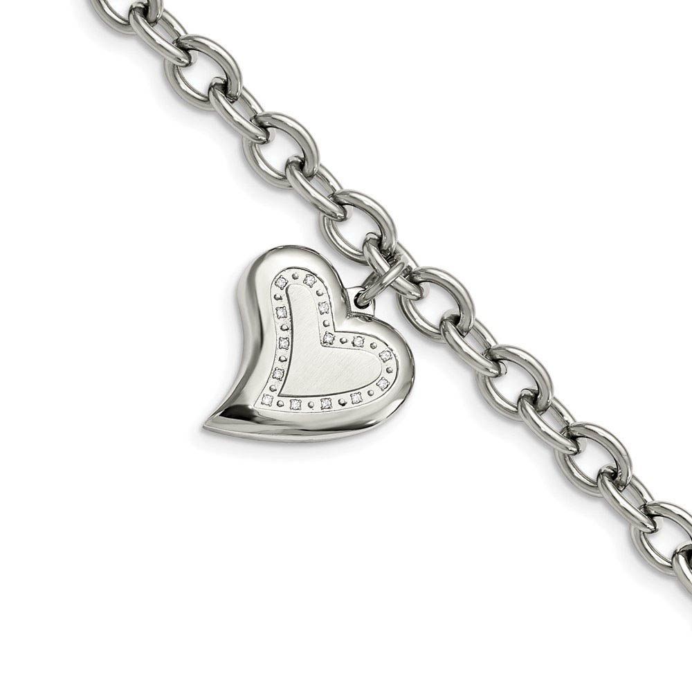 Women&#039;s Stainless Steel Heart and CZ Charm Bracelet, 7.5 Inch