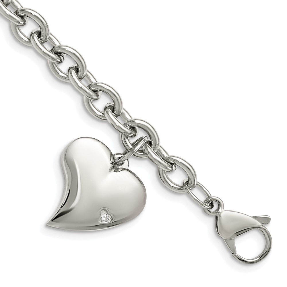 Women&#039;s 6mm Stainless Steel Heart and CZ Charm Bracelet, 7.5 Inch