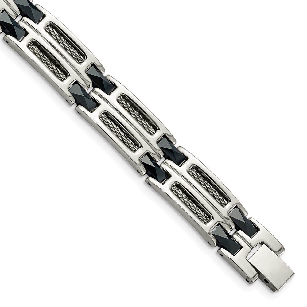 Men&#039;s Stainless Steel and Blue Ceramic Link Bracelet, 8.75 Inch