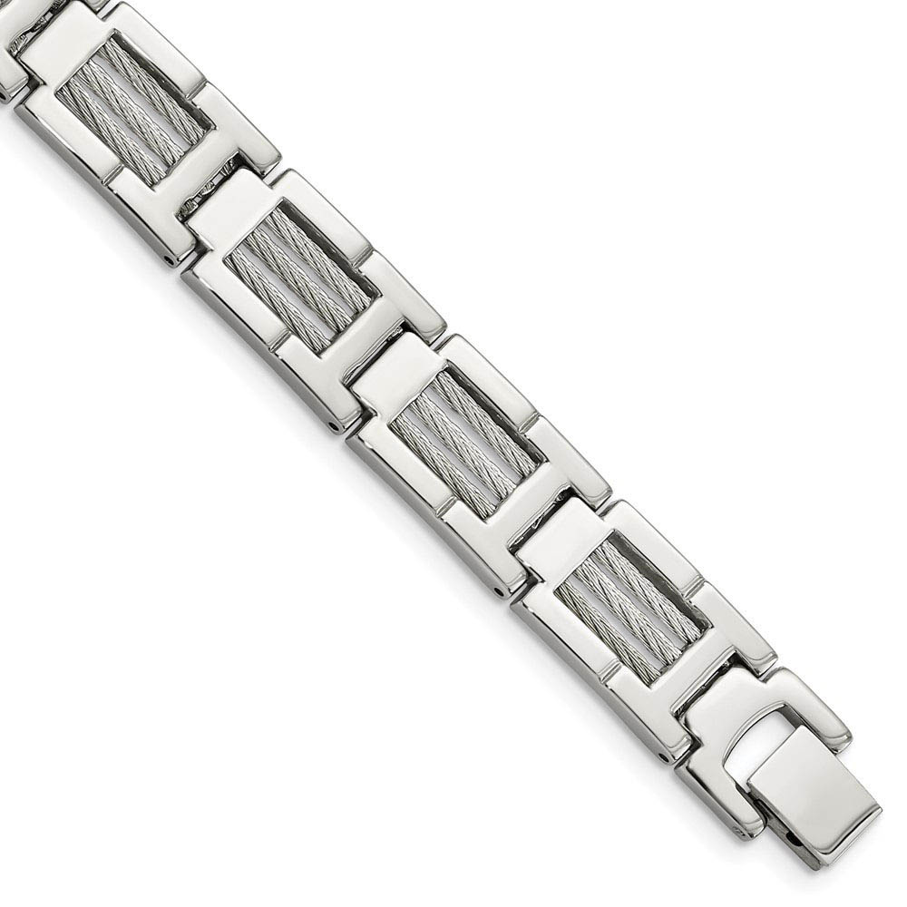 Men&#039;s Stainless Steel Gray Cable Inlay Link Bracelet, 8.5 Inch