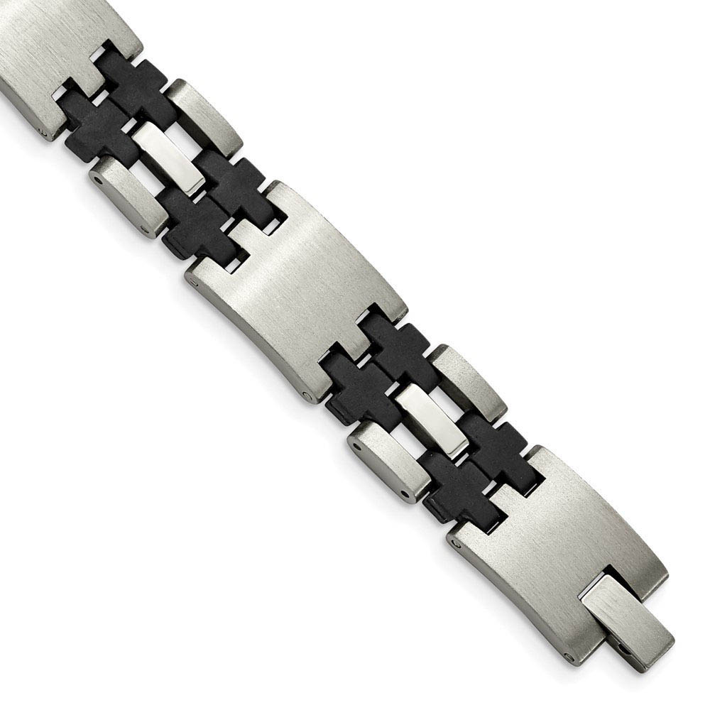 Men's 13.5mm Stainless Steel Black Rubber Link Bracelet