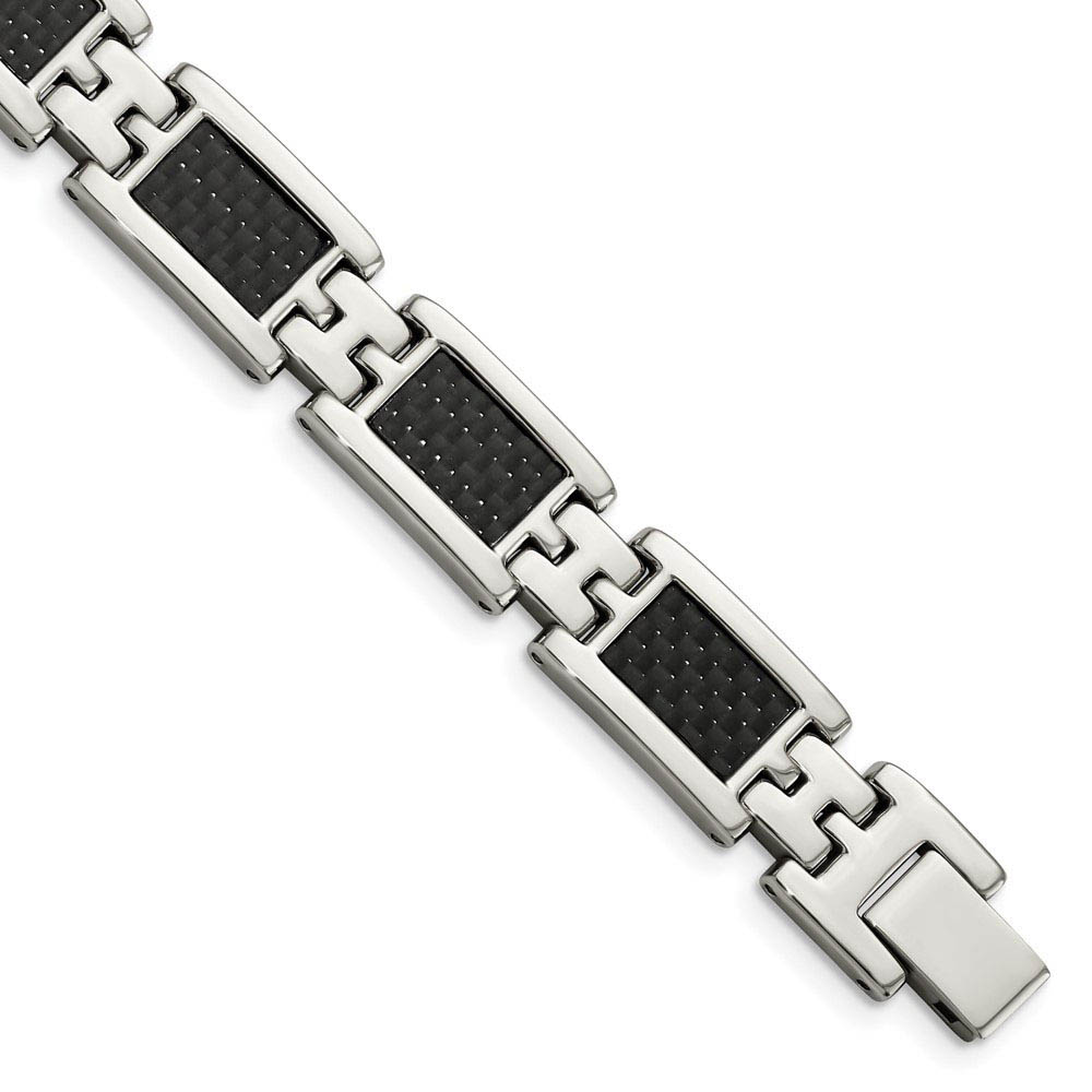 Men&#039;s 12mm Stainless Steel Carbon Fiber Link Bracelet, 9.25 Inch