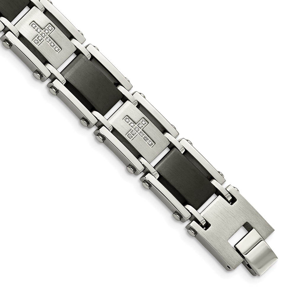 Men's Stainless Steel, Black Link & Diamond Cross Bracelet