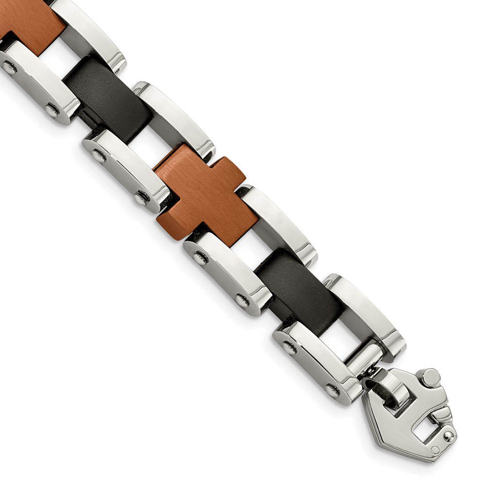 Men&#039;s Stainless Steel, Black and Cognac Cross Link Bracelet, 8.75 Inch