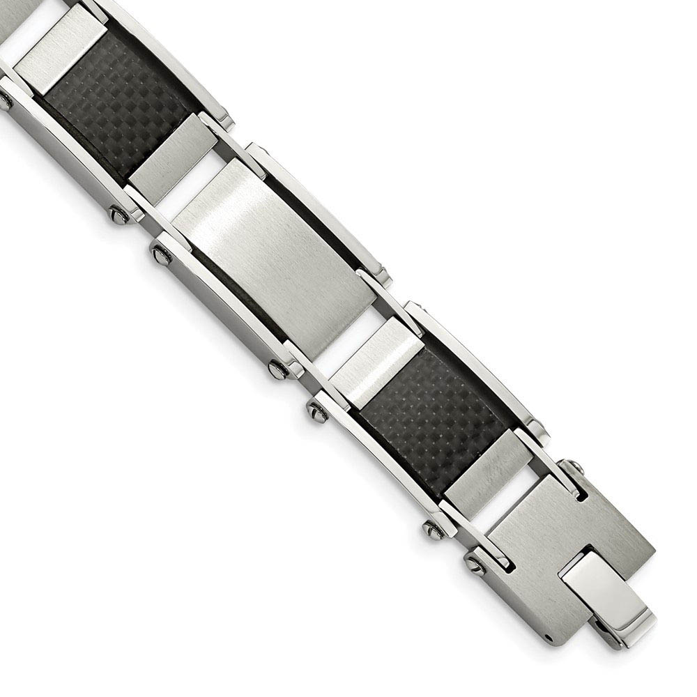 Men&#039;s Stainless Steel and Black Carbon Fiber Link Bracelet, 8.75 Inch