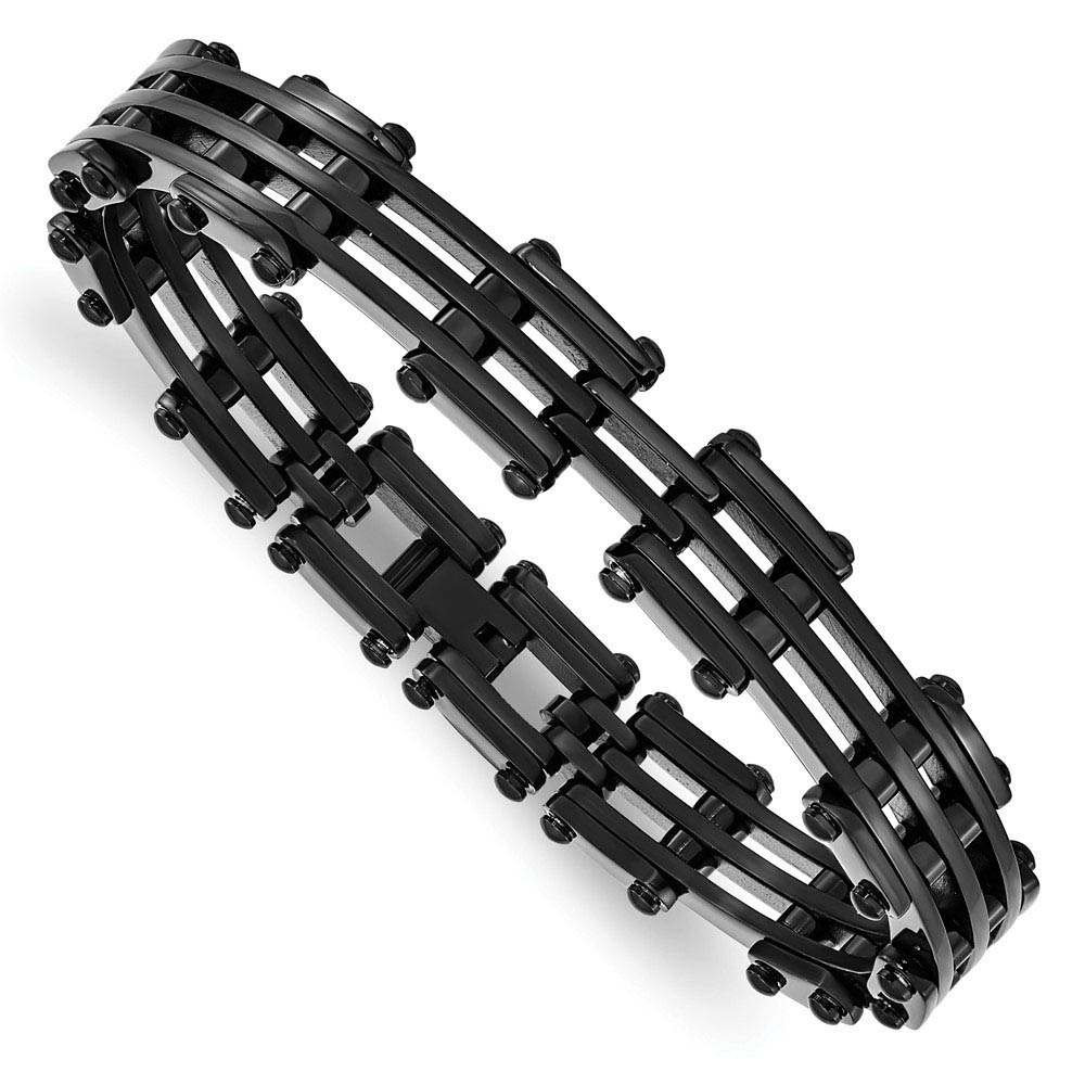 Mens Black Plated Stainless Steel 10mm Polished Link Bracelet, 8.5 In