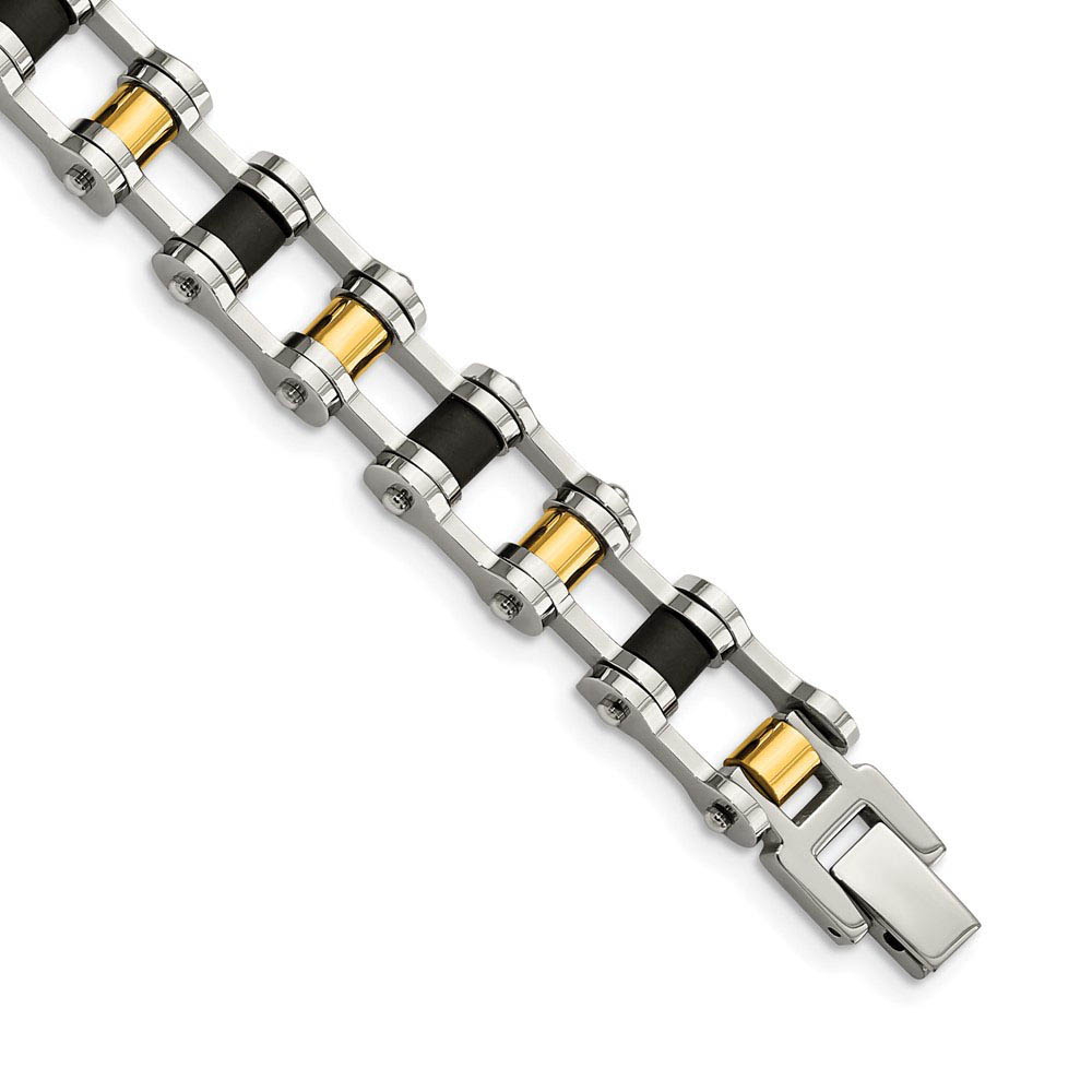 Men&#039;s Stainless Steel, Gold Tone and Black Rubber Bracelet, 8.75 Inch